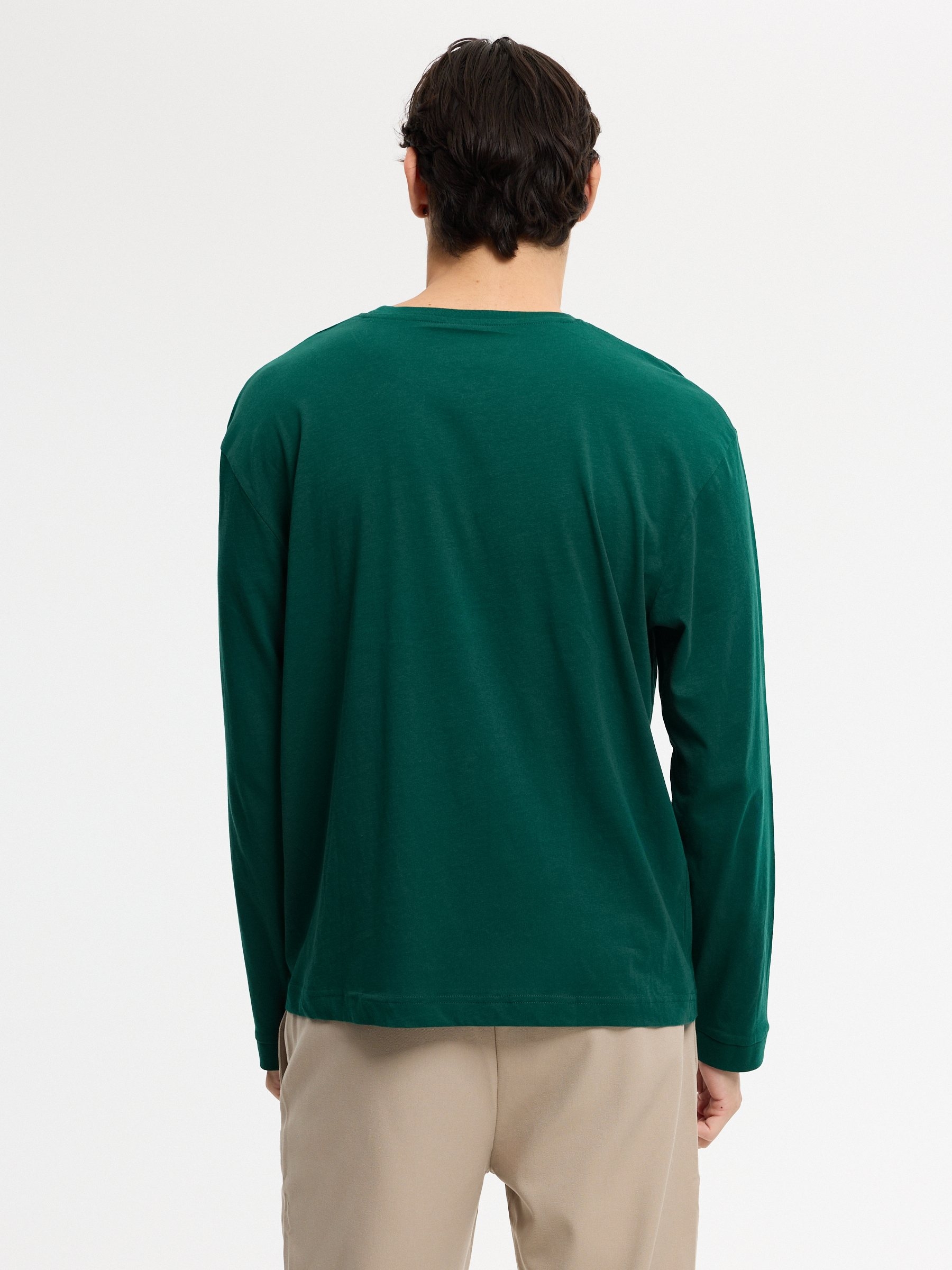 Green long-sleeve embroidered T-shirt dark green middle front view