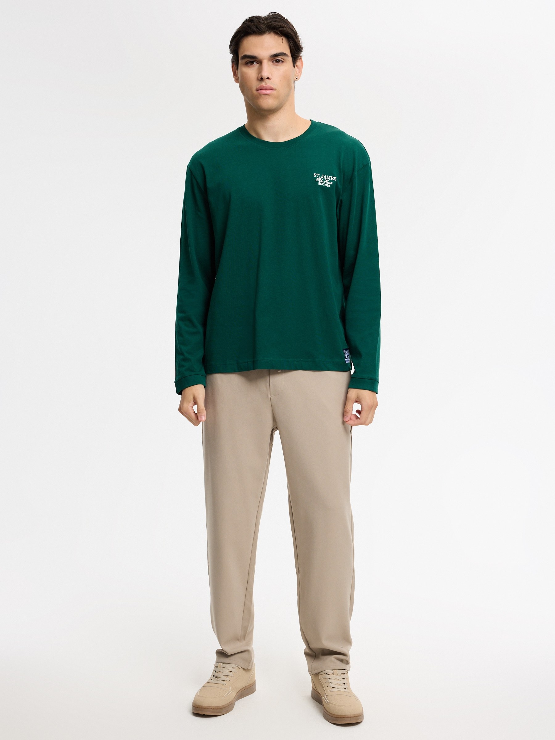 Green long-sleeve embroidered T-shirt dark green middle front view