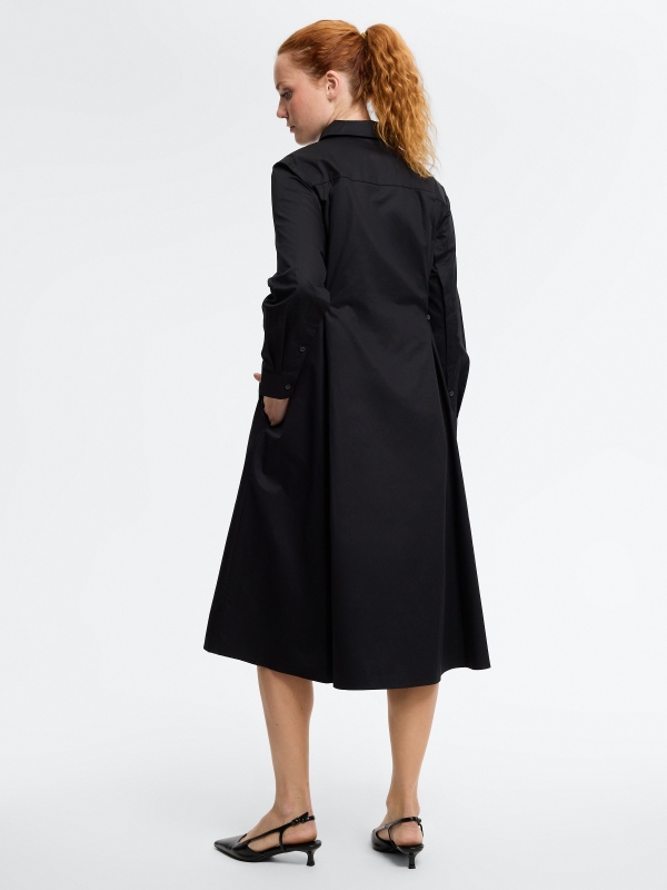 Plain fluid midi shirt dress black middle back view