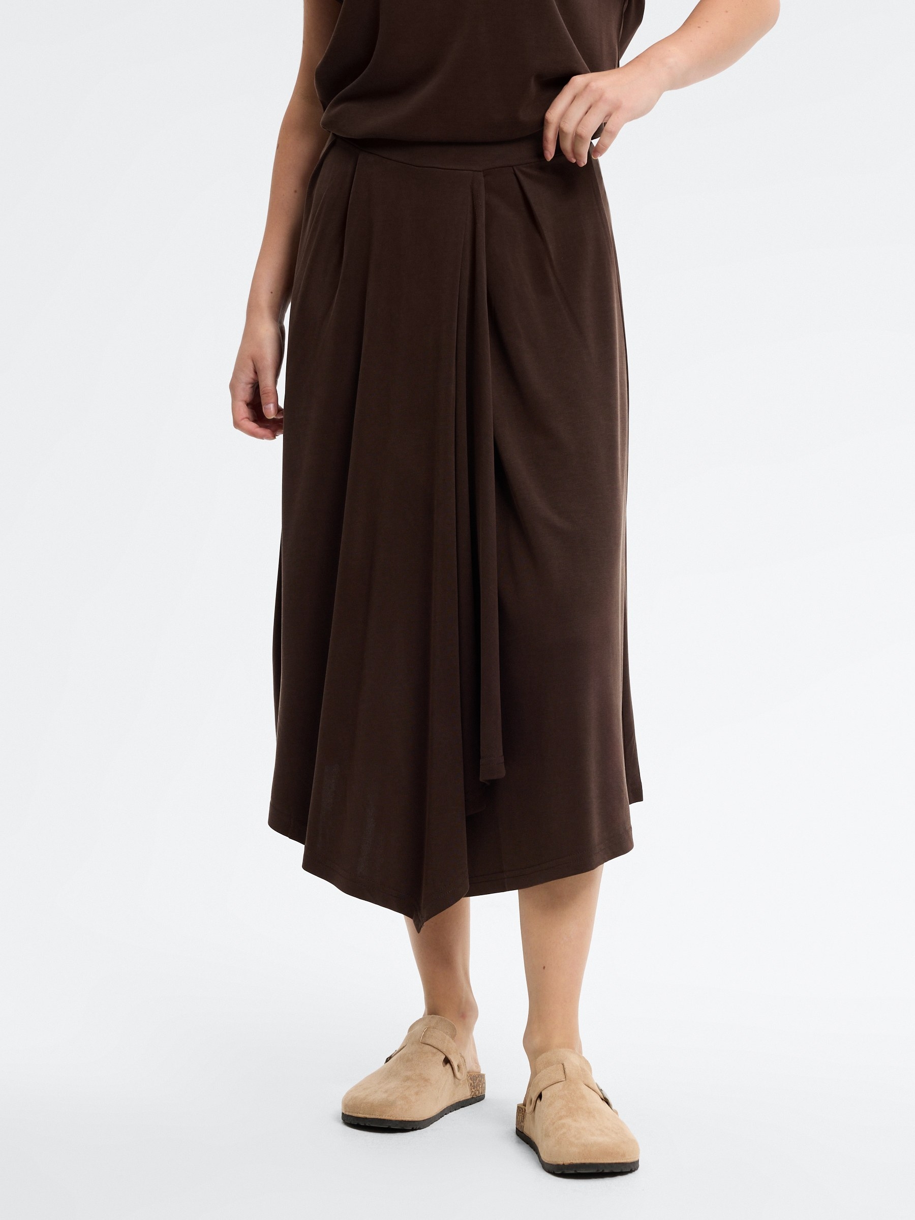 Asymmetrical midi knit skirt chocolate middle front view