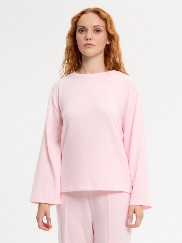 Camiseta punto oversize rosa claro vista media frontal