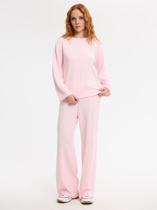 Camiseta punto oversize rosa claro vista general frontal