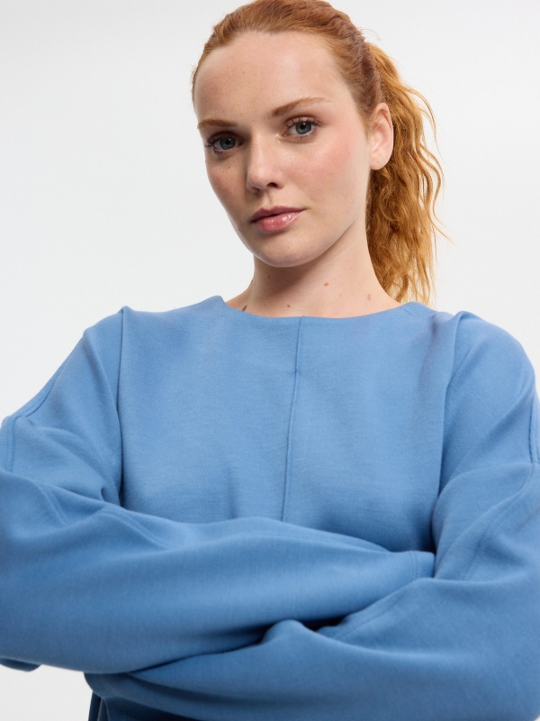 Plain square fleece sweatshirt steel blue detail view