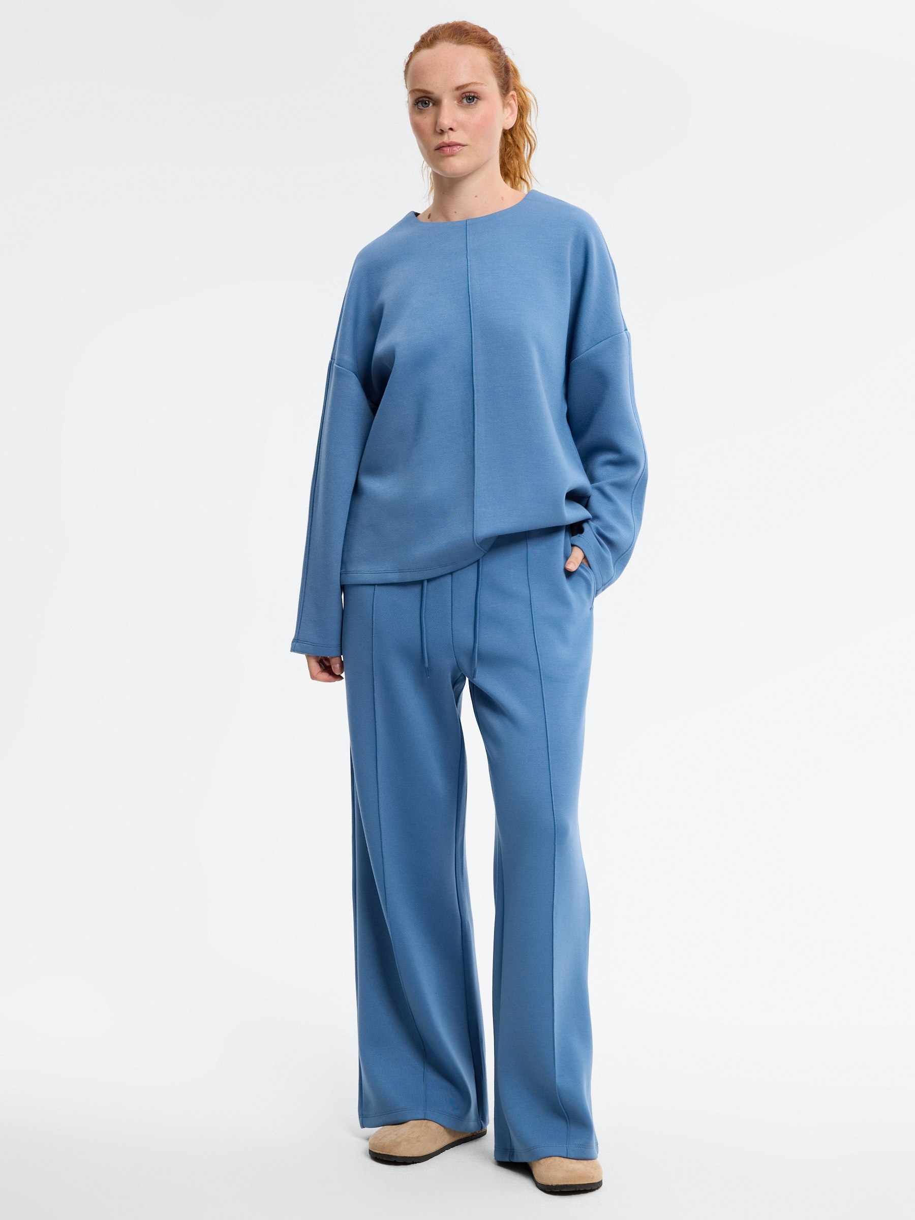 Wide-leg fleece pants steel blue front view