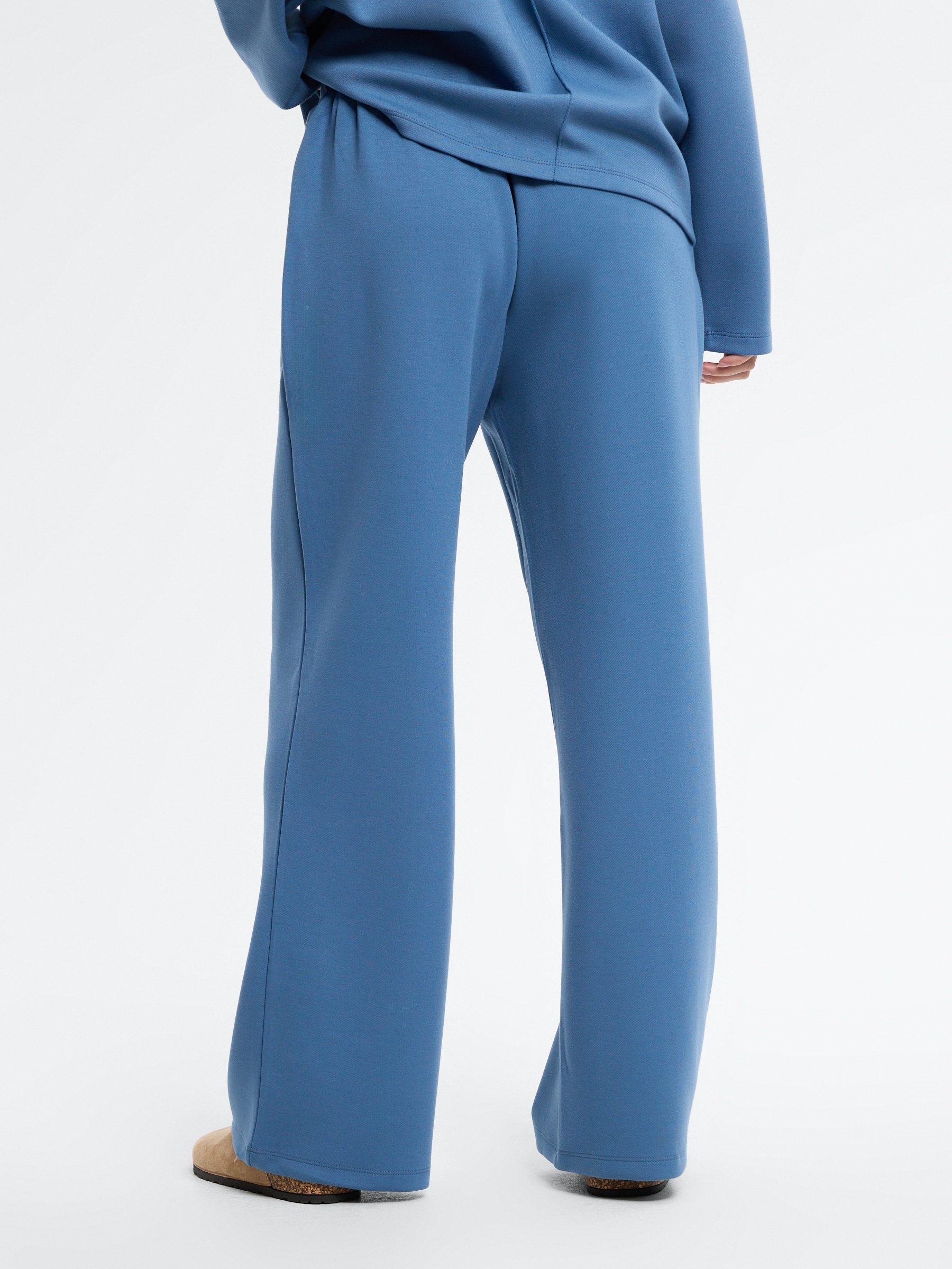 Wide-leg fleece pants steel blue front view