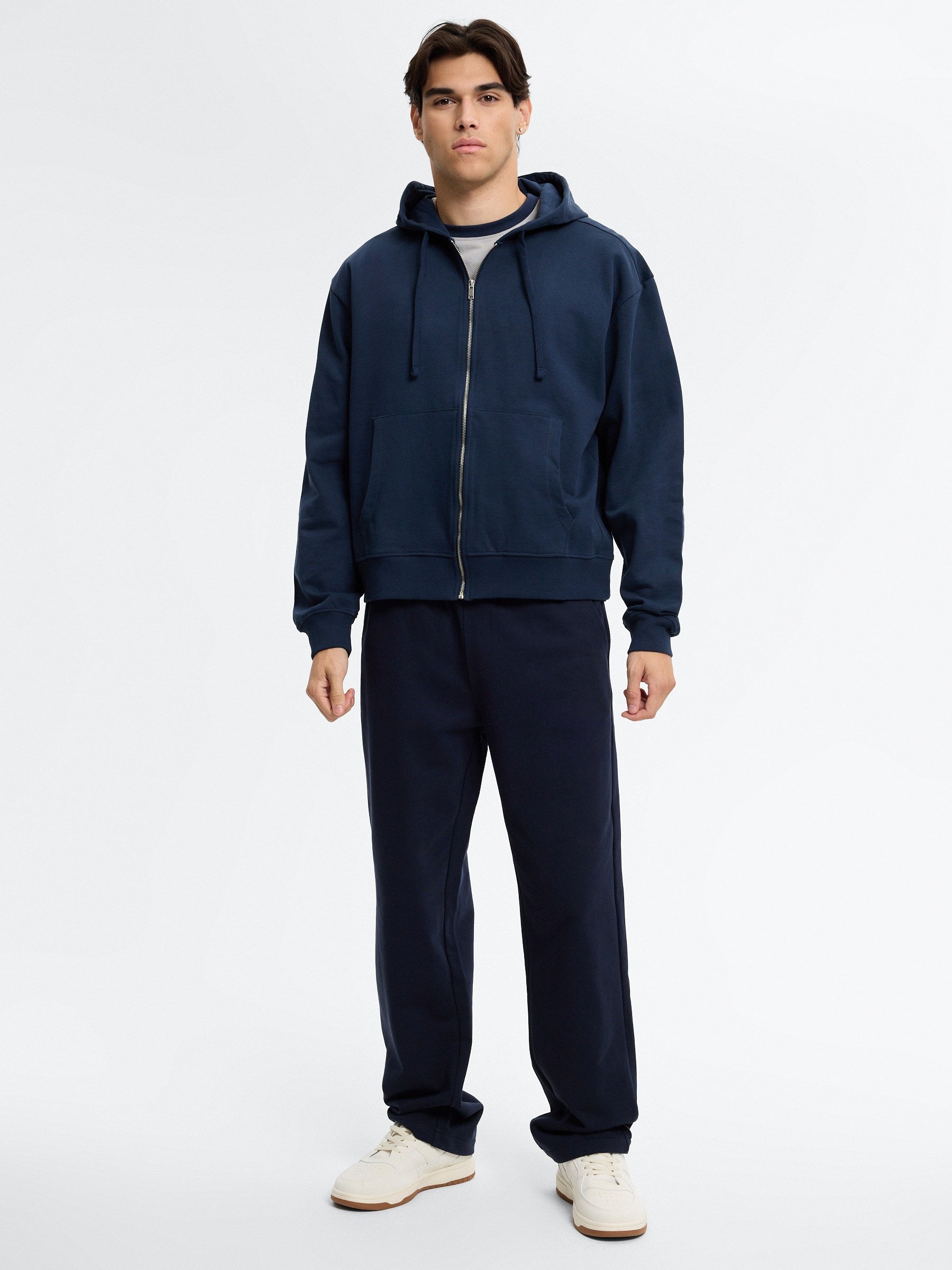 Oversized zip-up hoodie navy middle front view