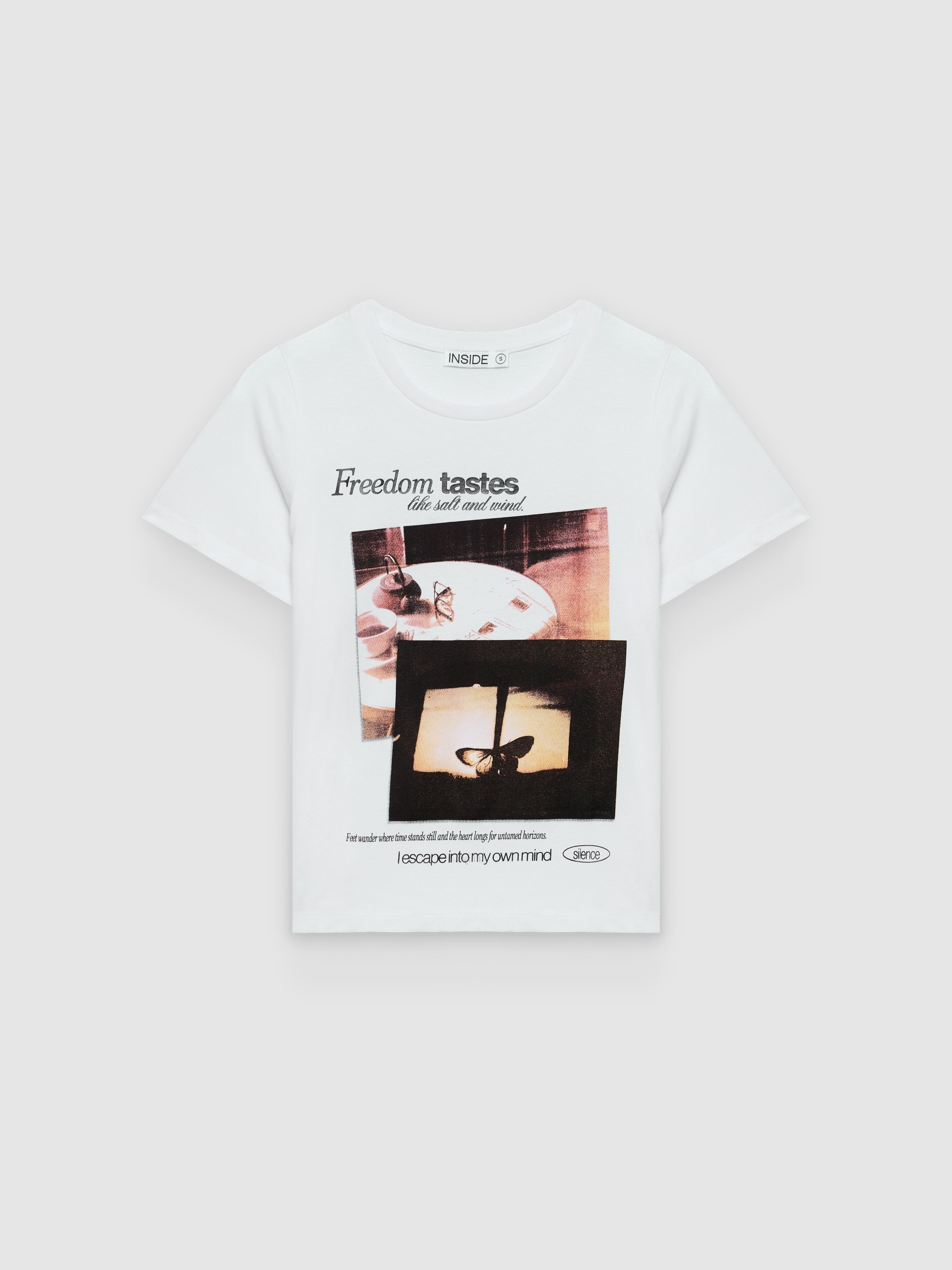 Camiseta borboletas algodão branco vista meia frontal