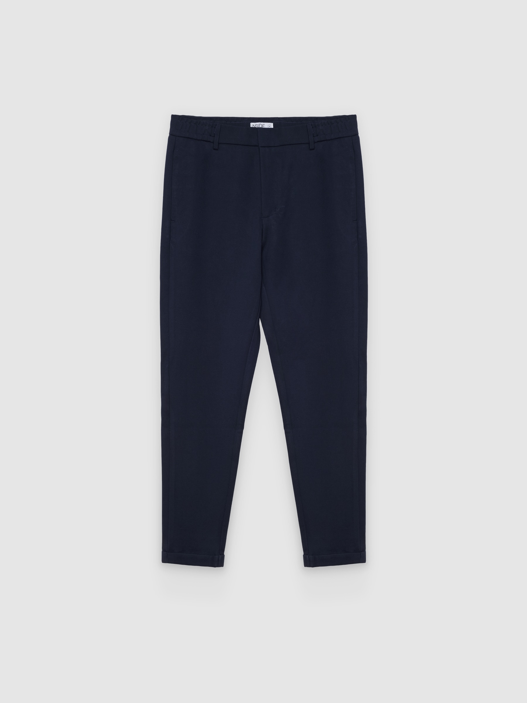 Calça chino slim de cintura alta azul marinho vista geral frontal