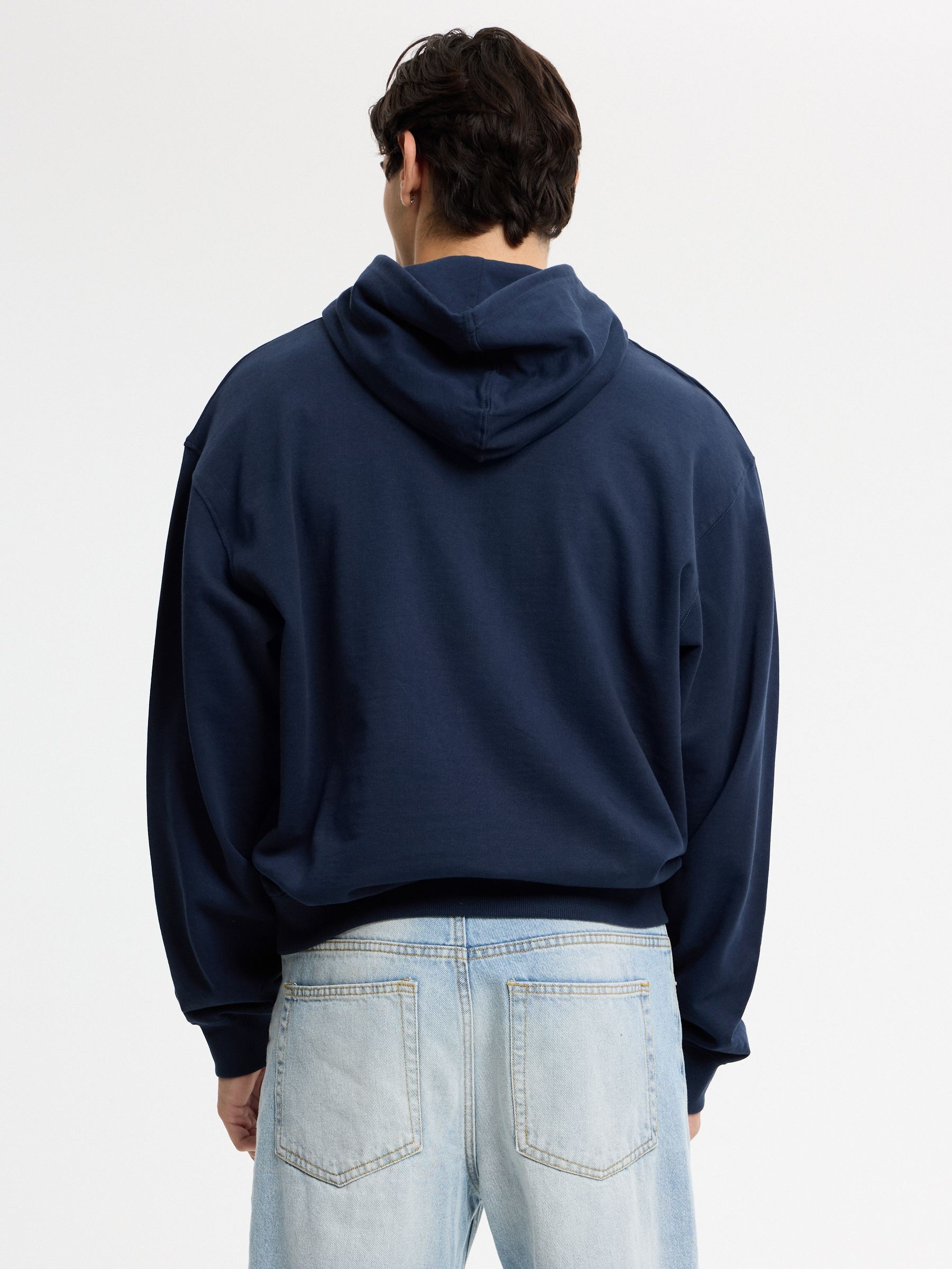 Zip-up fleece hoodie text navy middle front view