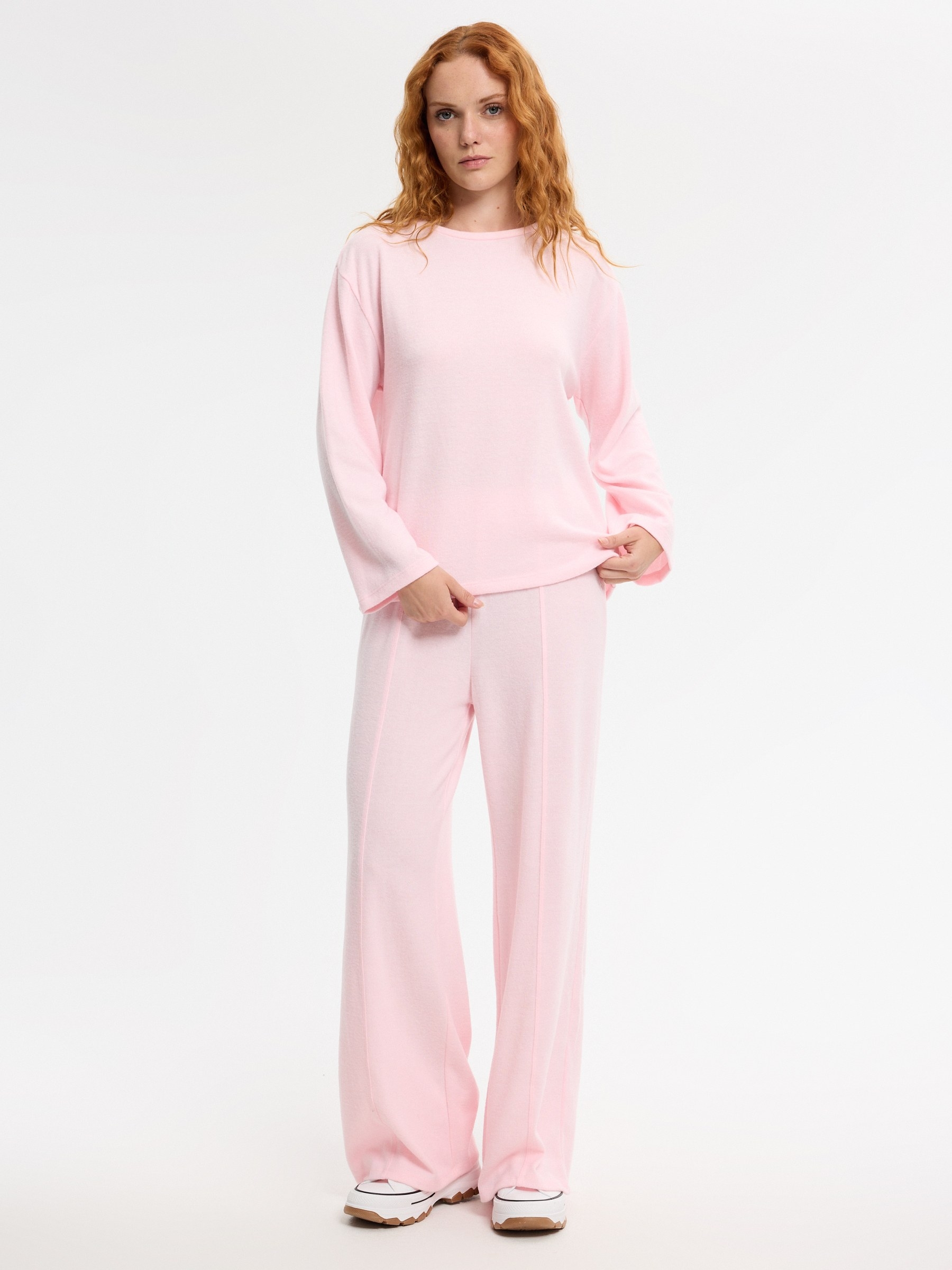 High-waisted soft wide-leg pants light pink front view