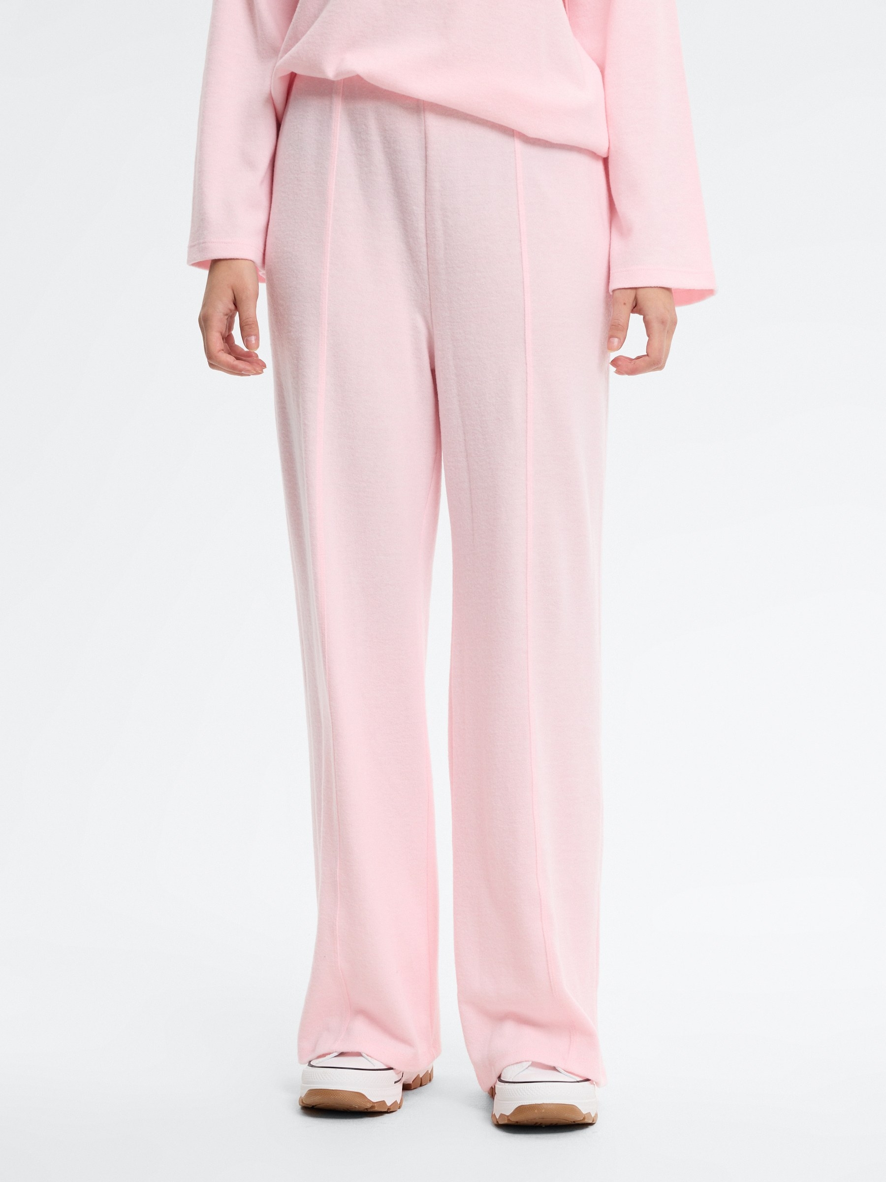 Calça soft wide leg cintura alta rosa claro vista geral frontal