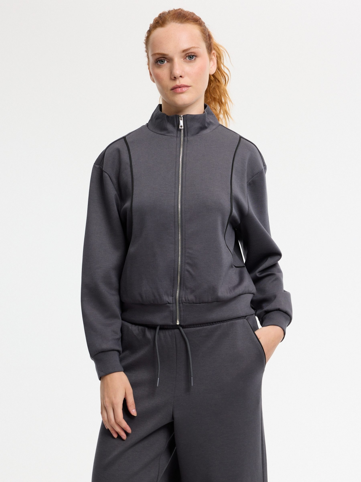 Soft zip-up jacket with high collar dark grey middle front view