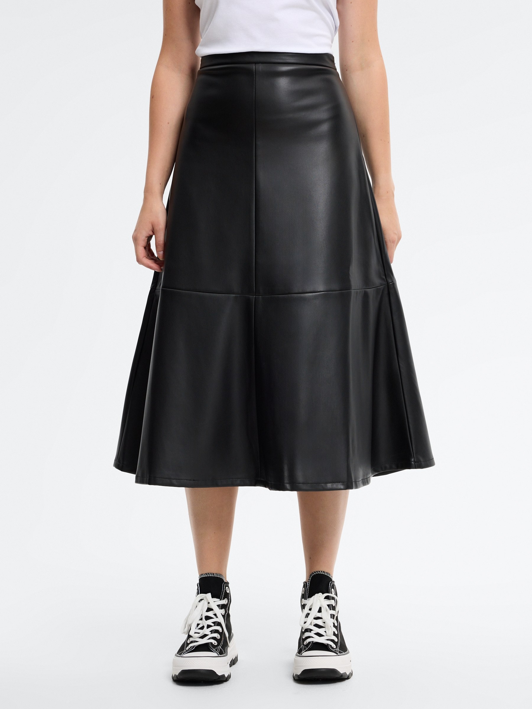 Midi faux leather flared skirt black middle front view