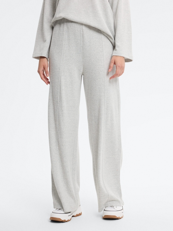 High-waisted soft wide-leg pants light melange middle front view