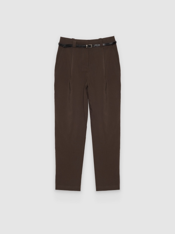  Pantalón fluido pinza cinturón chocolate vista frontal