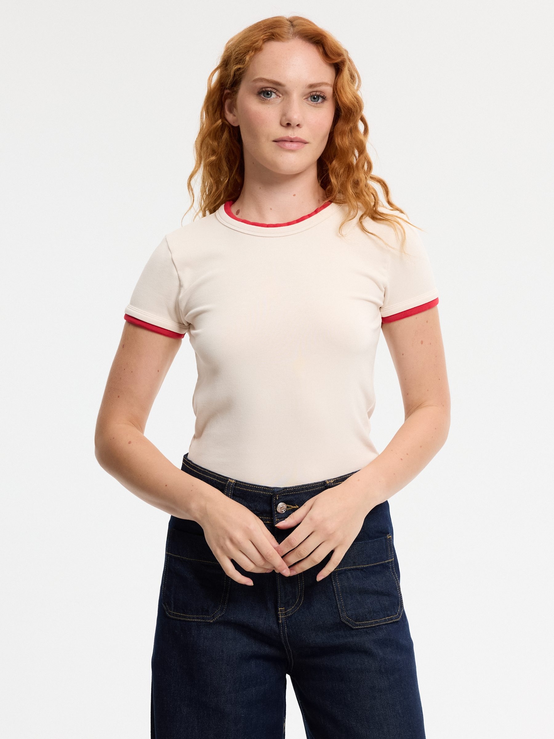 Slim viscose double-sleeve T-shirt sand middle front view