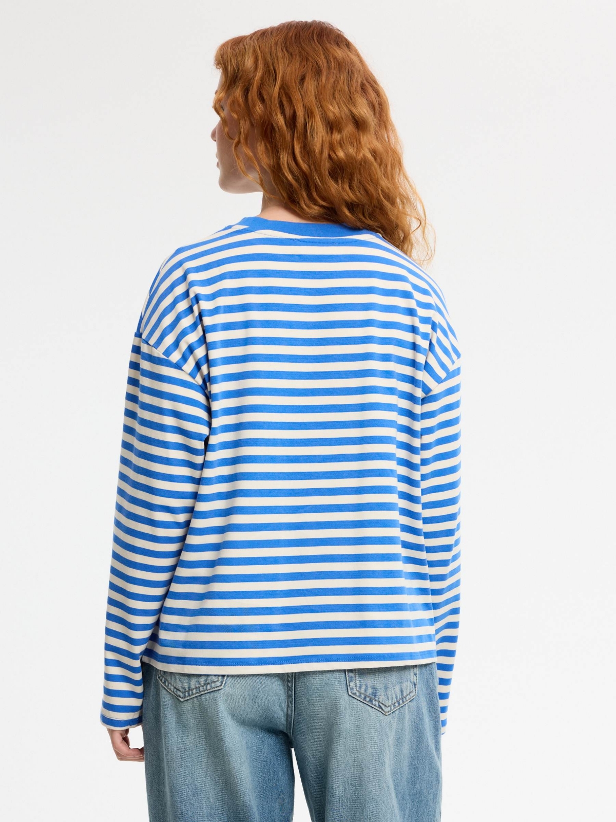 Striped long-sleeve shirt electric blue middle back view
