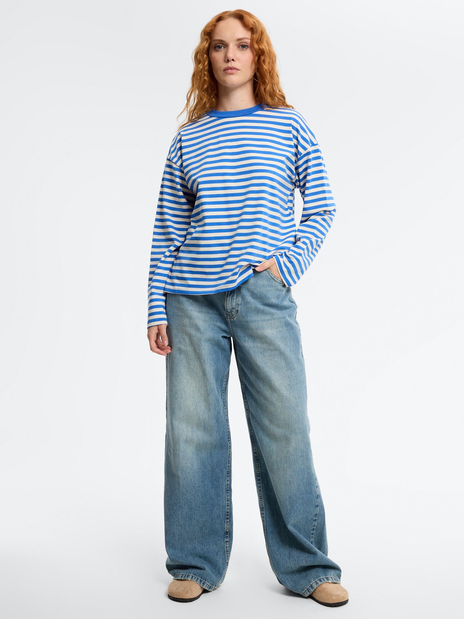 Striped long-sleeve shirt electric blue middle front view