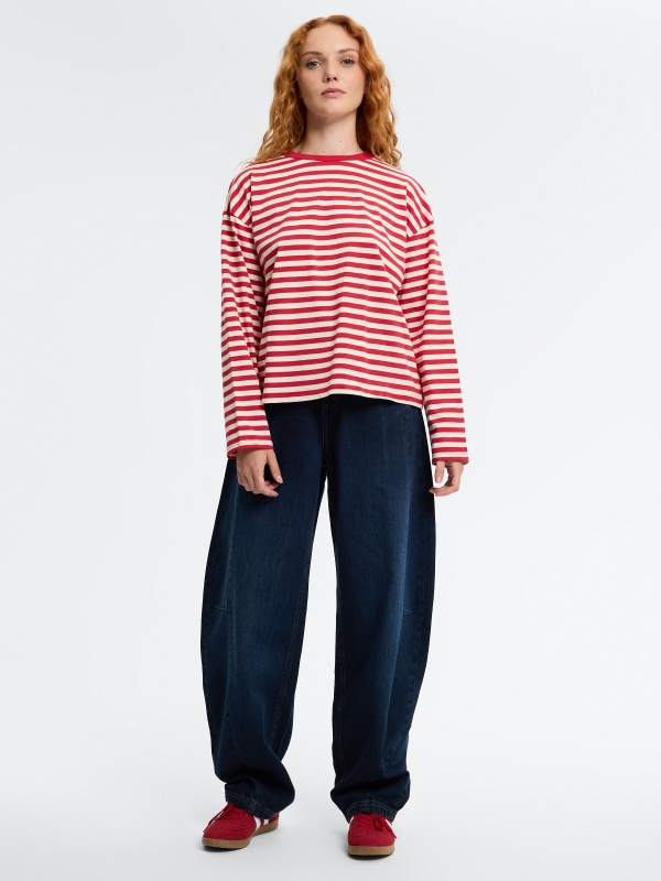 Striped long-sleeve shirt carmine front view