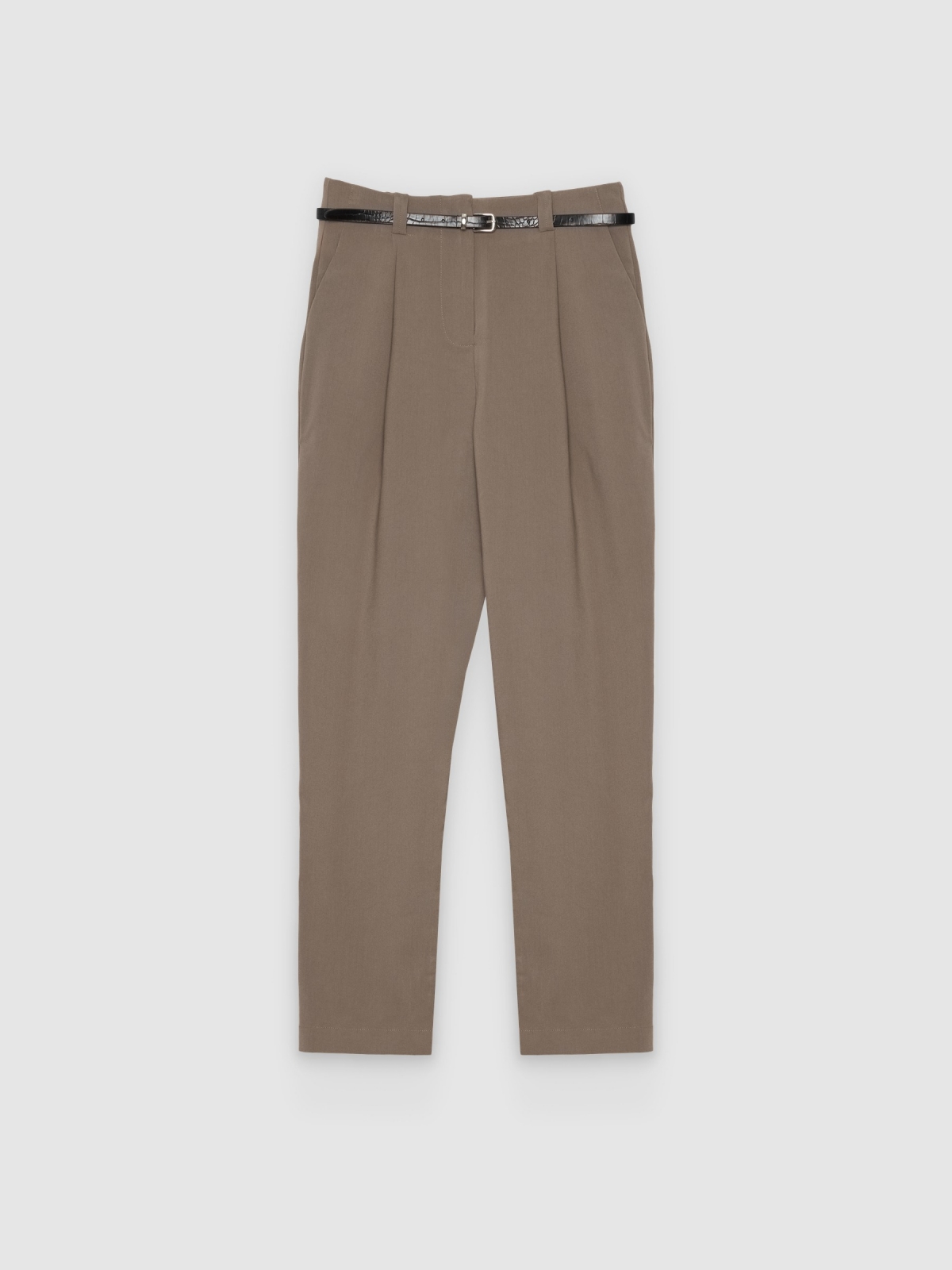 %Pto% Fluid trousers with pleats and belt taupe front view
