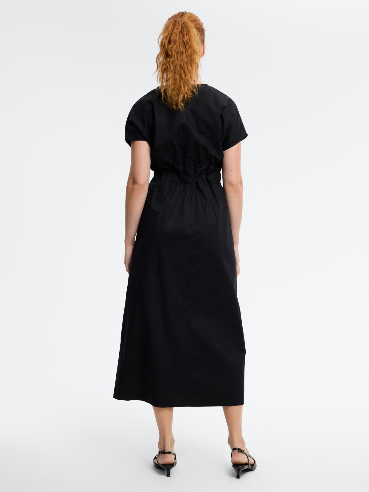 Plain linen midi dress black middle back view