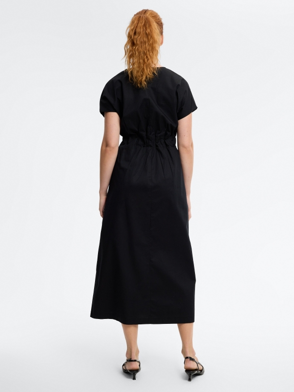 Plain linen midi dress black middle back view