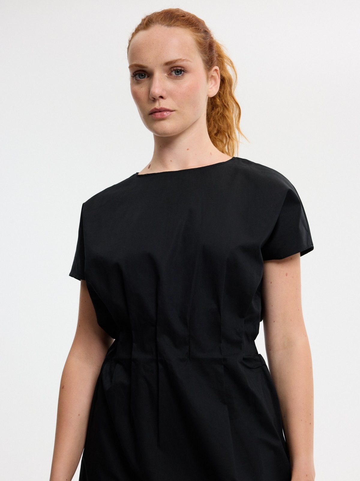 Plain linen midi dress black front view