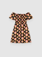 %Pto% Mini vestido floral decote recto preto vista frontal