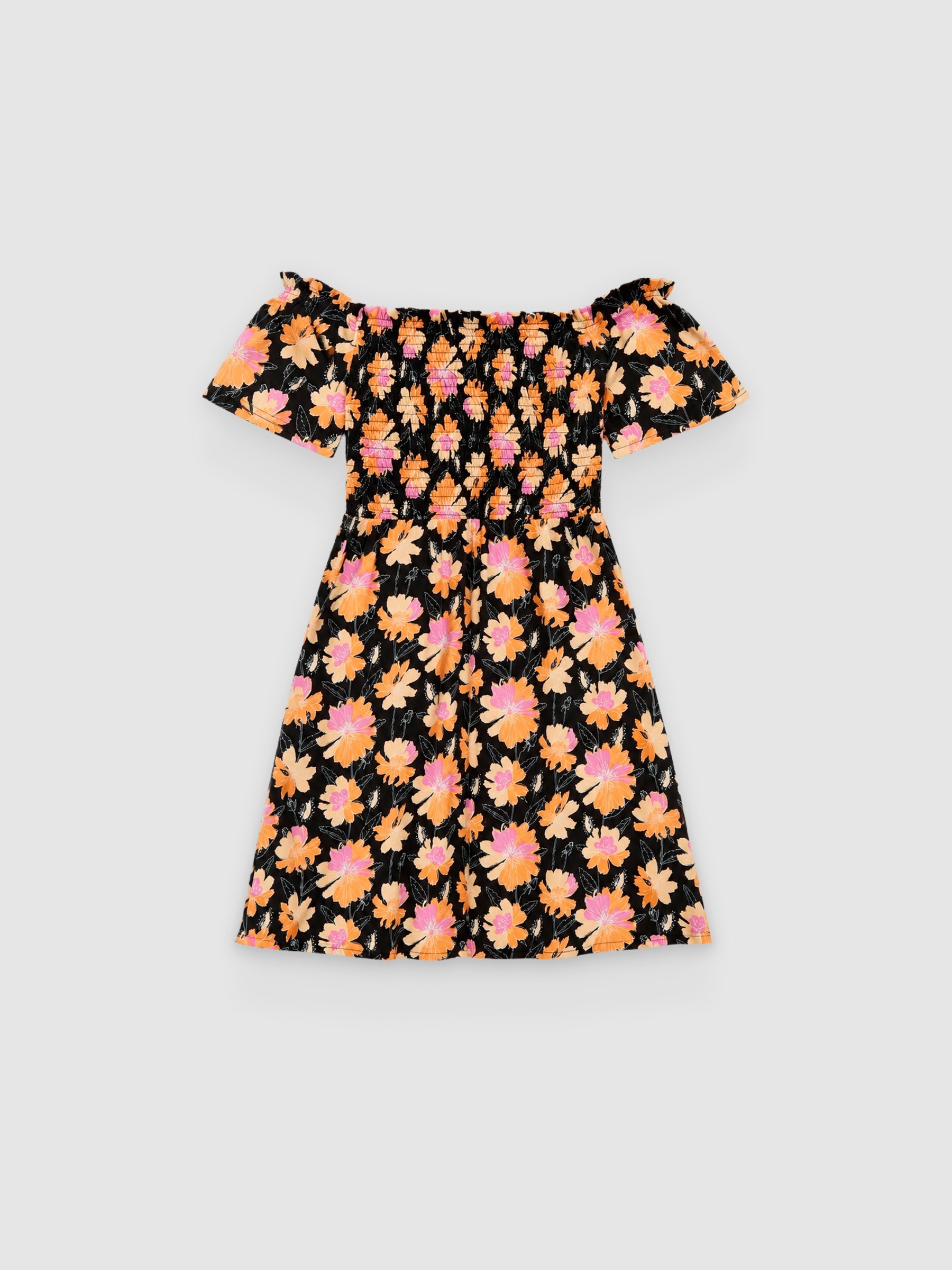Mini vestido floral decote recto preto vista meia frontal