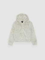 %Pto% Fur hooded jacket taupe front view