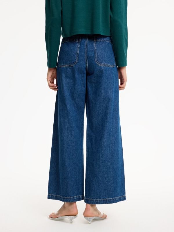 High-waisted multi-pocket wide-leg jeans blue middle back view
