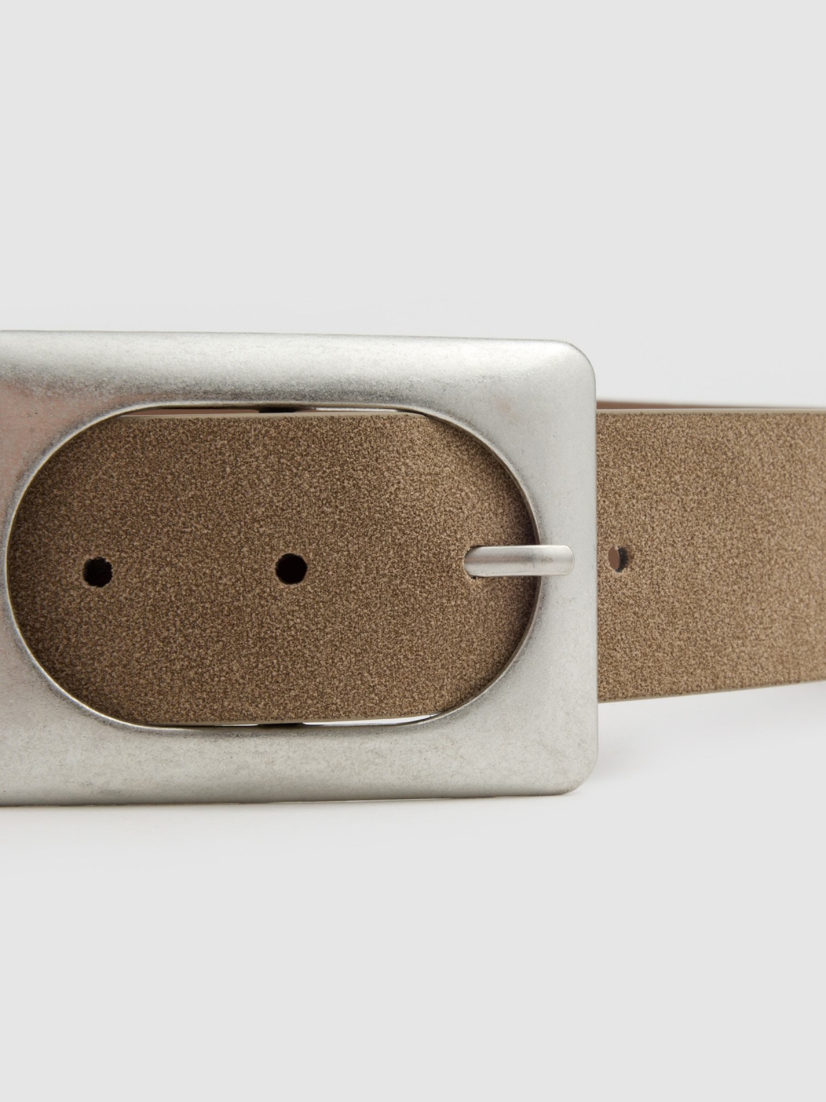 Taupe faux leather belt with square buckle taupe detail view