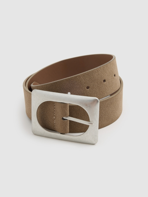 Taupe faux leather belt with square buckle taupe detail view
