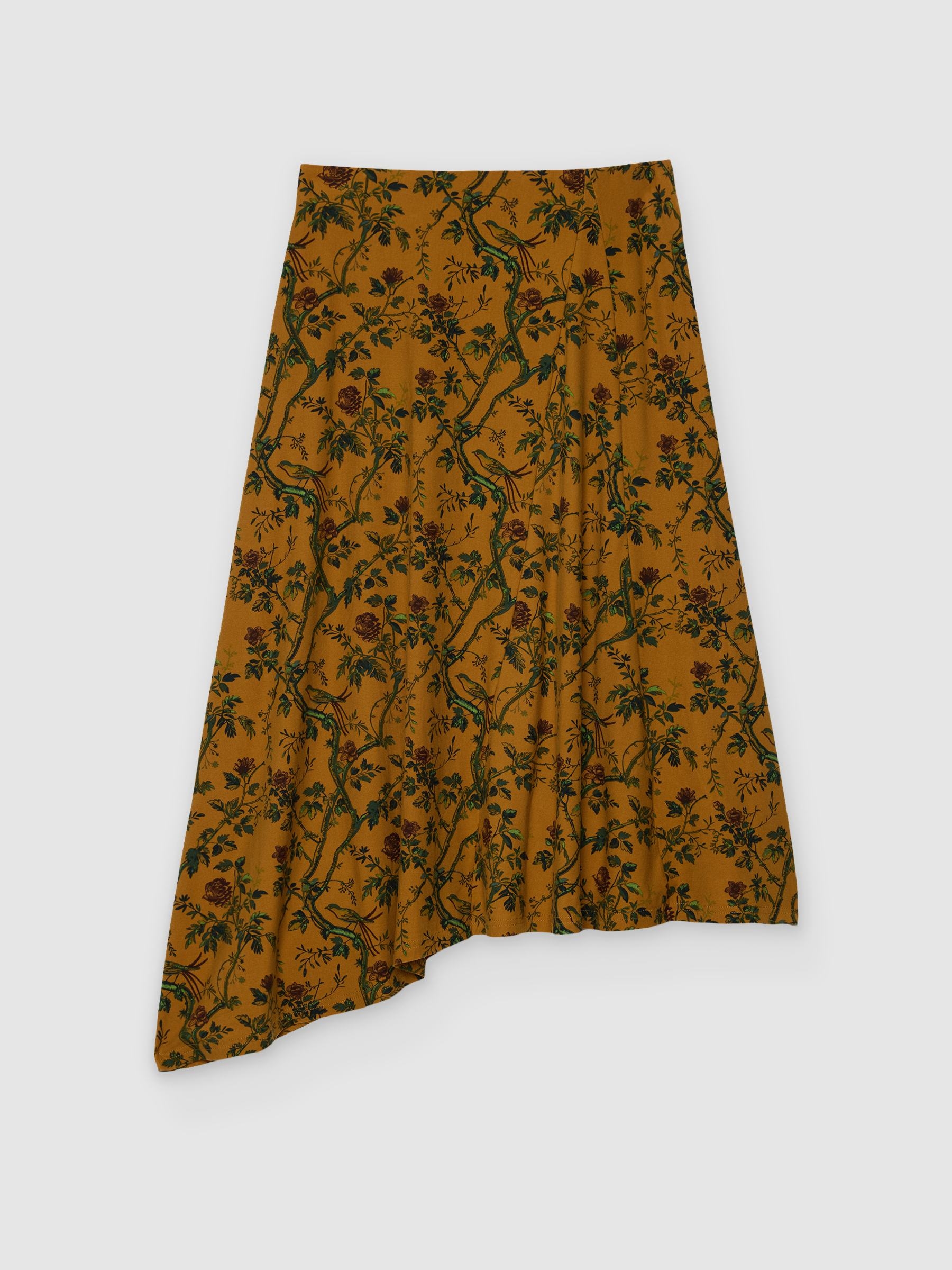  Saia midi assimétrica floral camel vista frontal