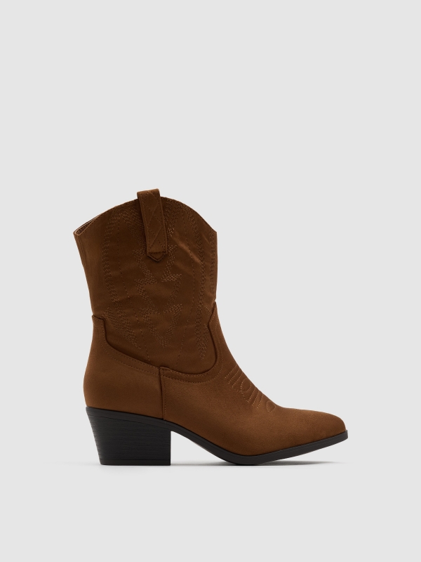 Cowboy ankle boot microfiber wide heel brown