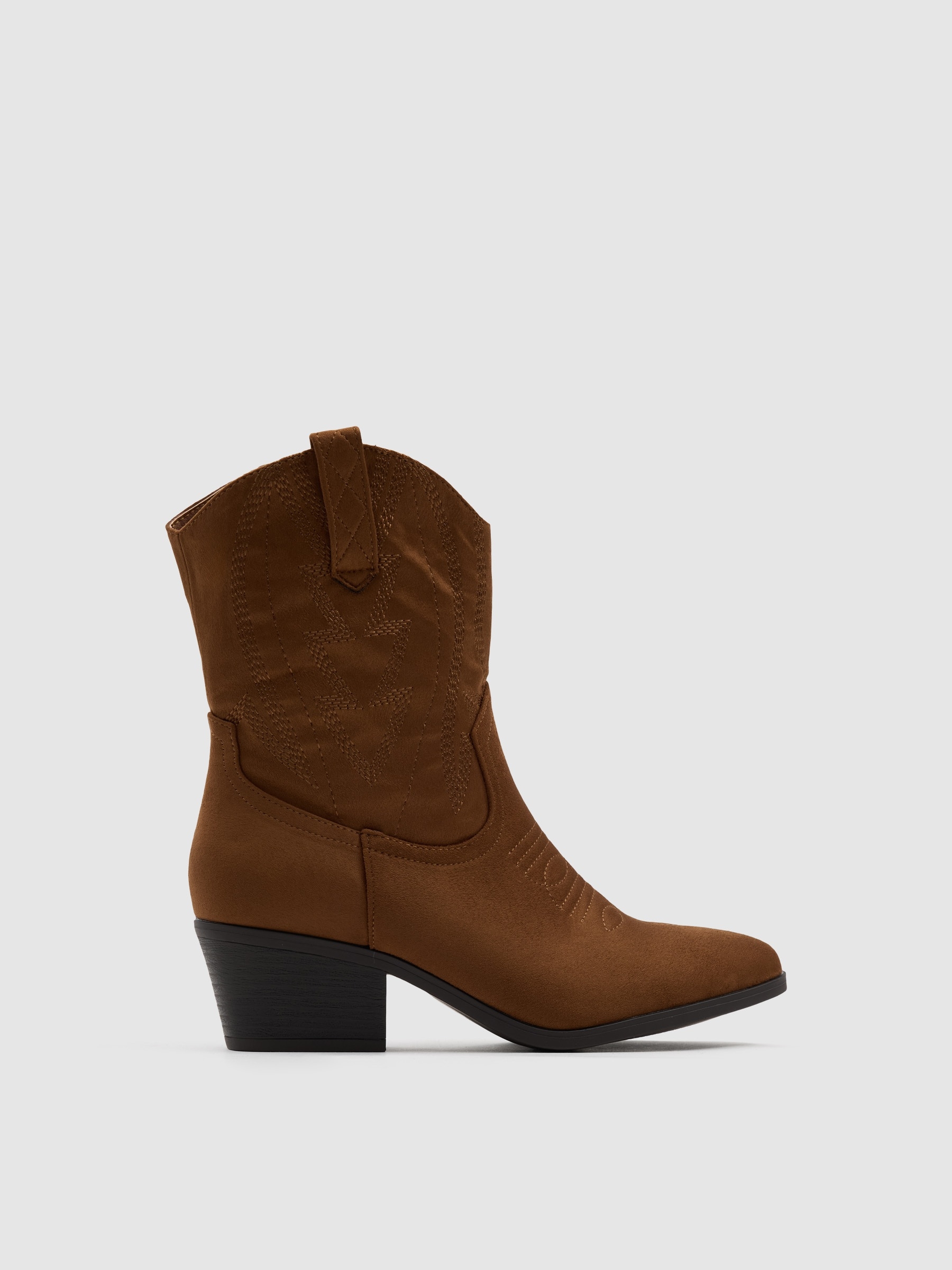 Cowboy ankle boot microfiber wide heel brown