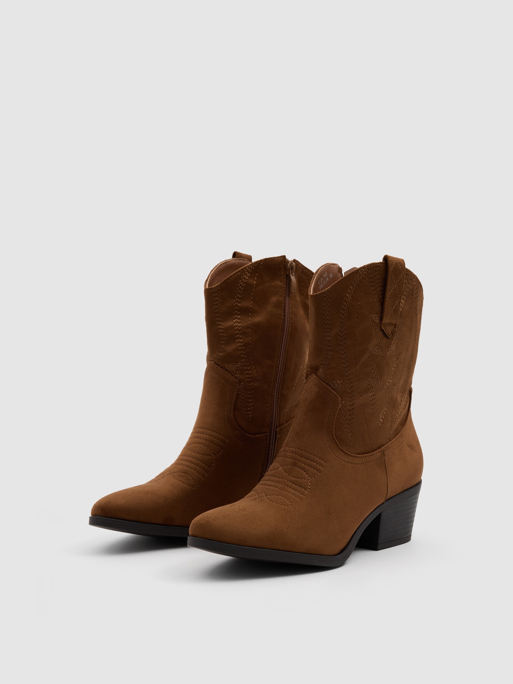 Cowboy ankle boot microfiber wide heel brown