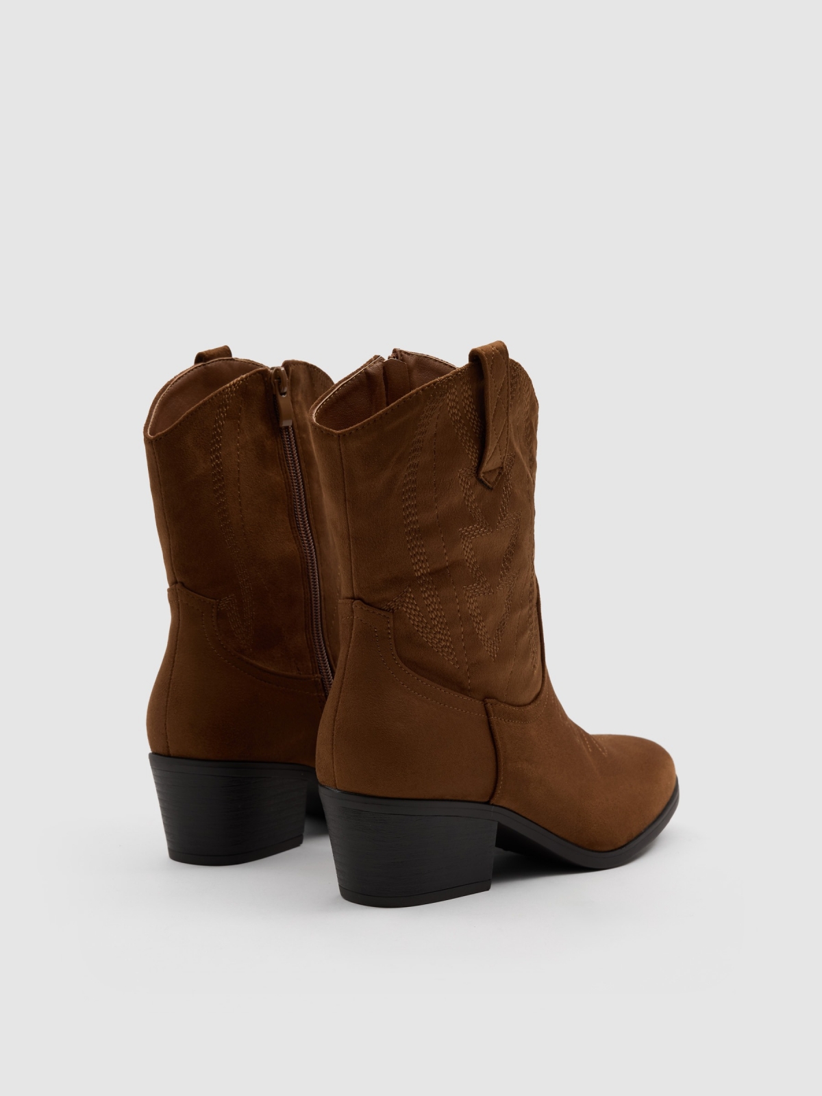 Cowboy ankle boot microfiber wide heel brown 45º back view