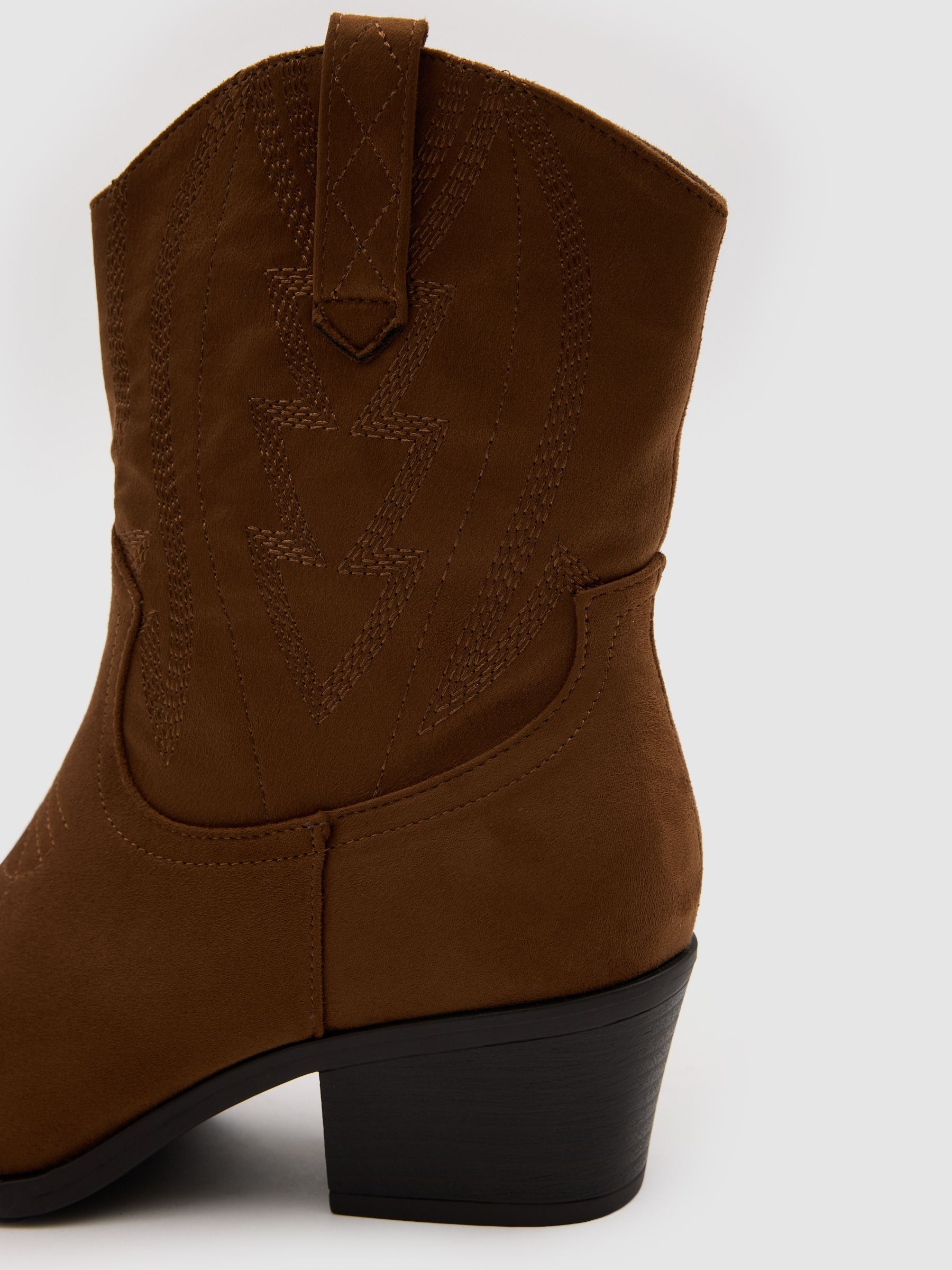Cowboy ankle boot microfiber wide heel brown