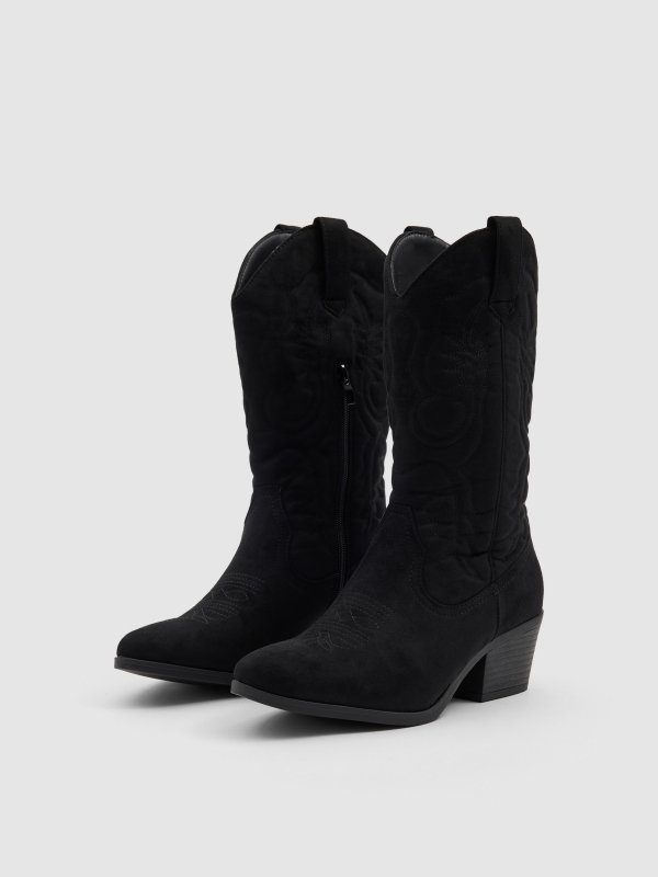 Cowboy ankle boot microfiber wide heel black 45º front view