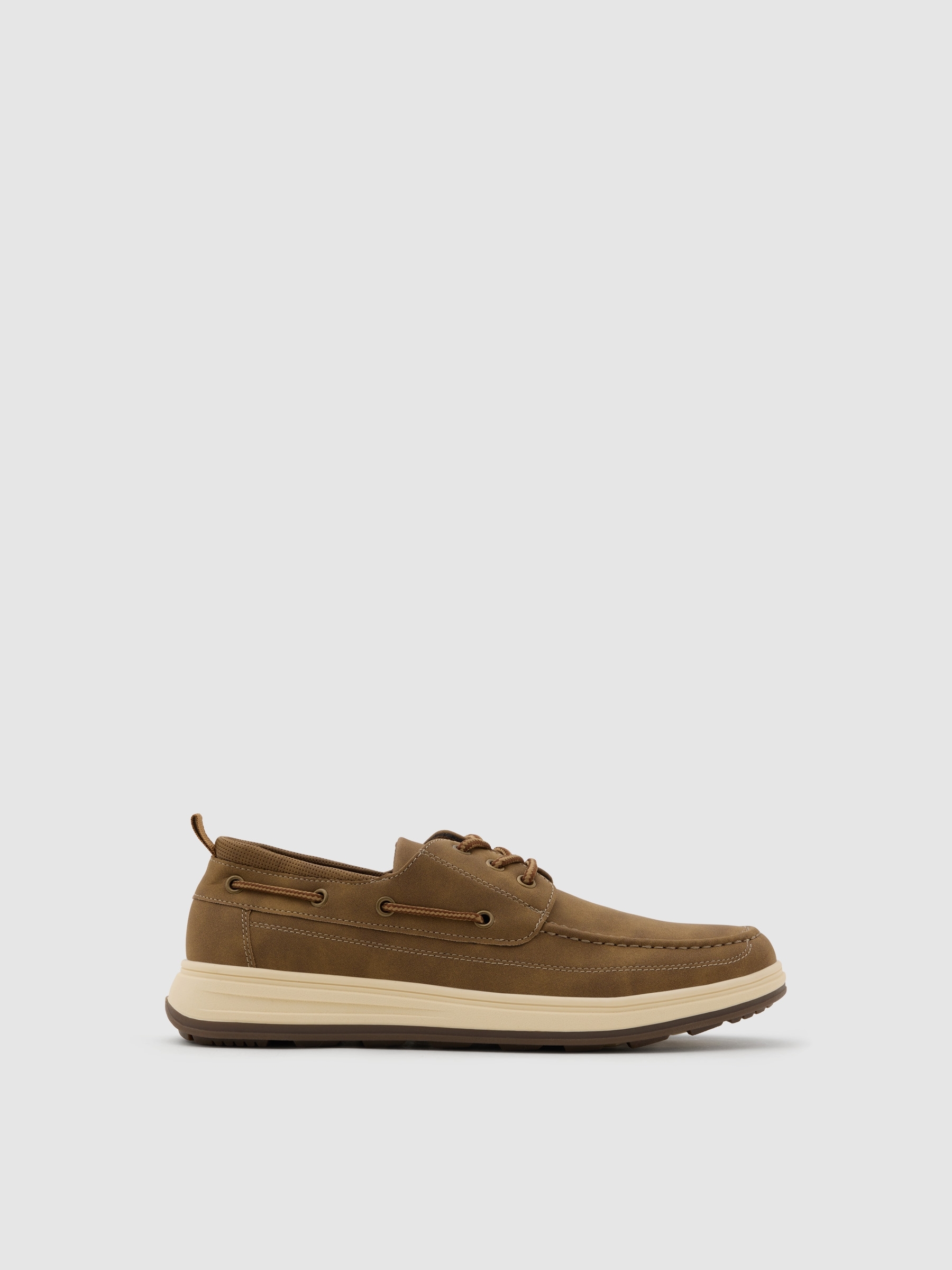 Boat shoe synthetic leather rubber sole dark brown