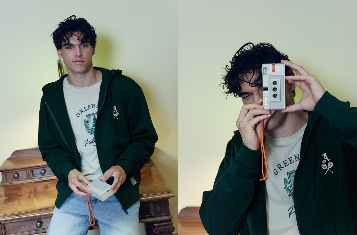 Open hoodie fleece text dark green middle front view