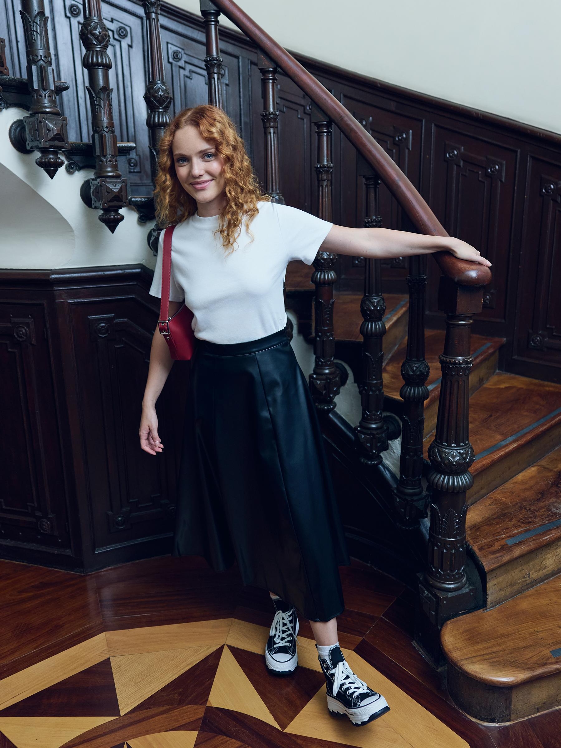 Midi dress combined with faux leather black middle front view