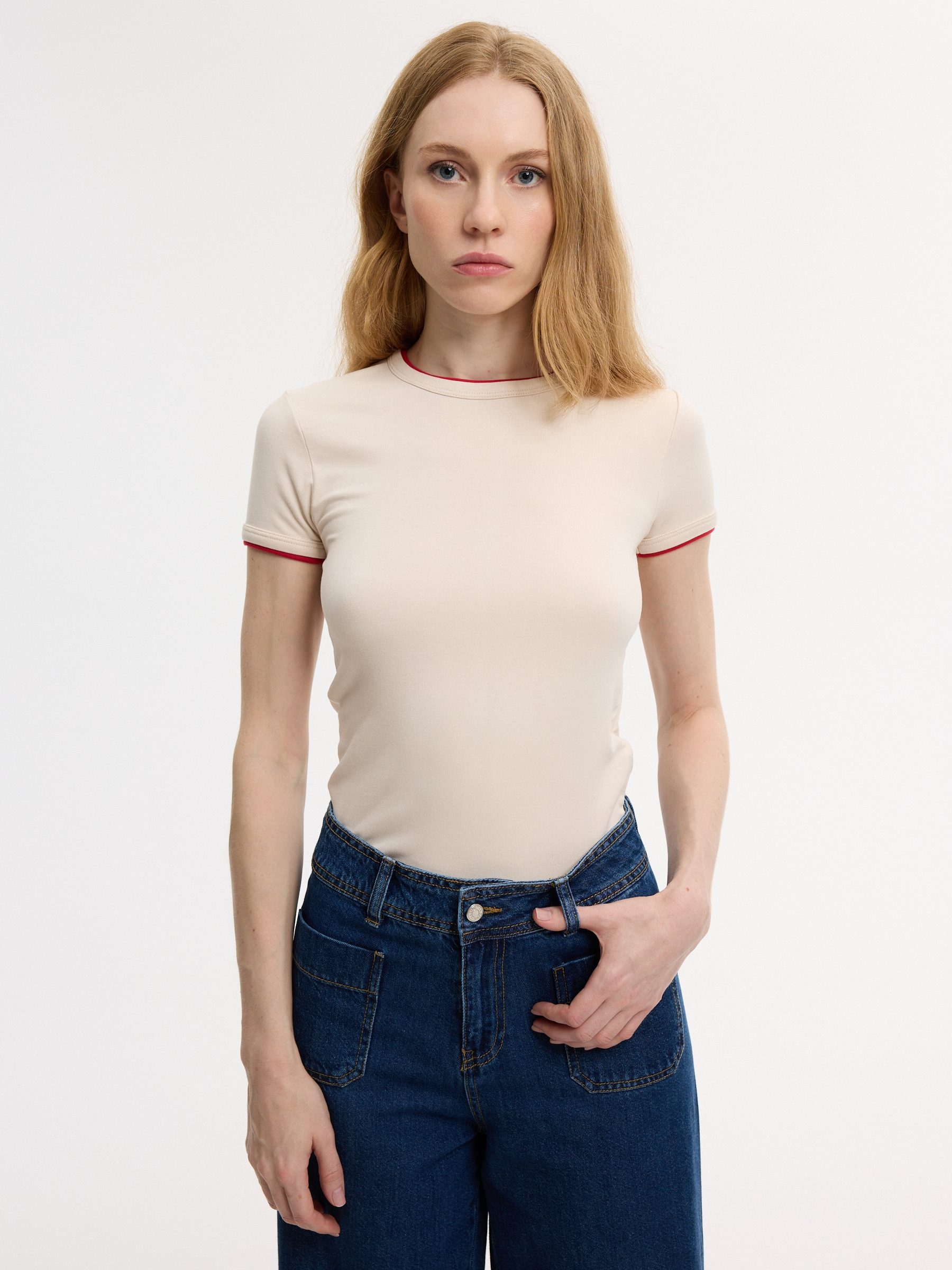 Slim viscose double-sleeve T-shirt sand middle front view