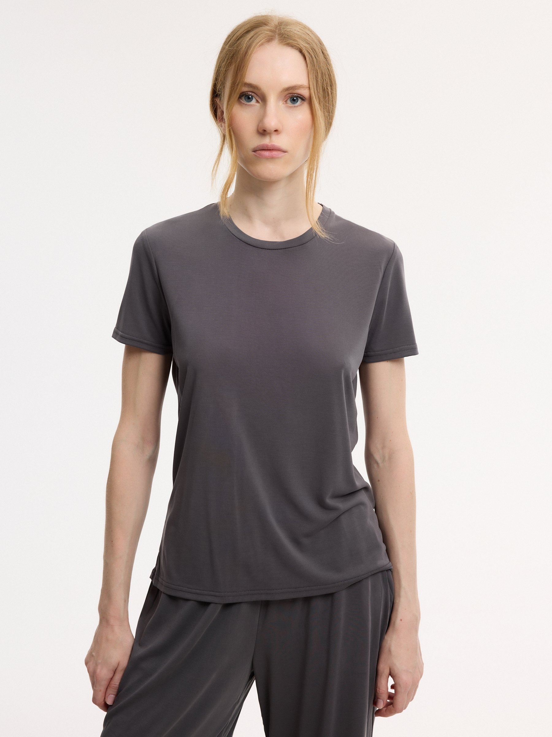Modal crew neck T-shirt dark grey middle front view