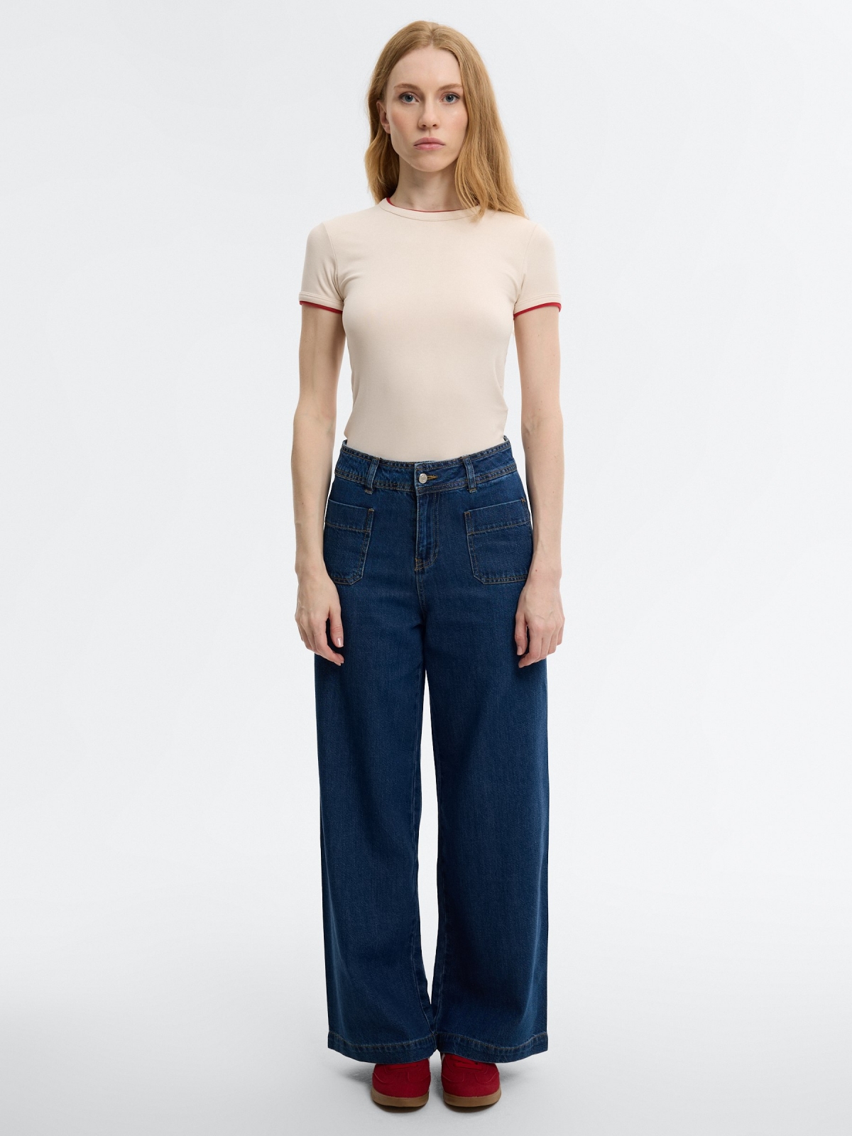 Jeans wide leg multibolsillos tiro alto azul vista general frontal