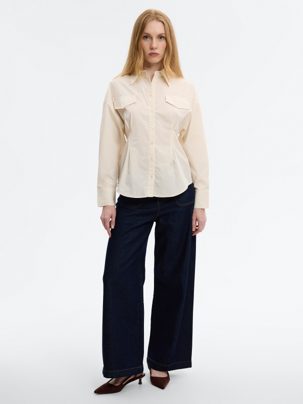 Plain oversized shirt with darts off white front view