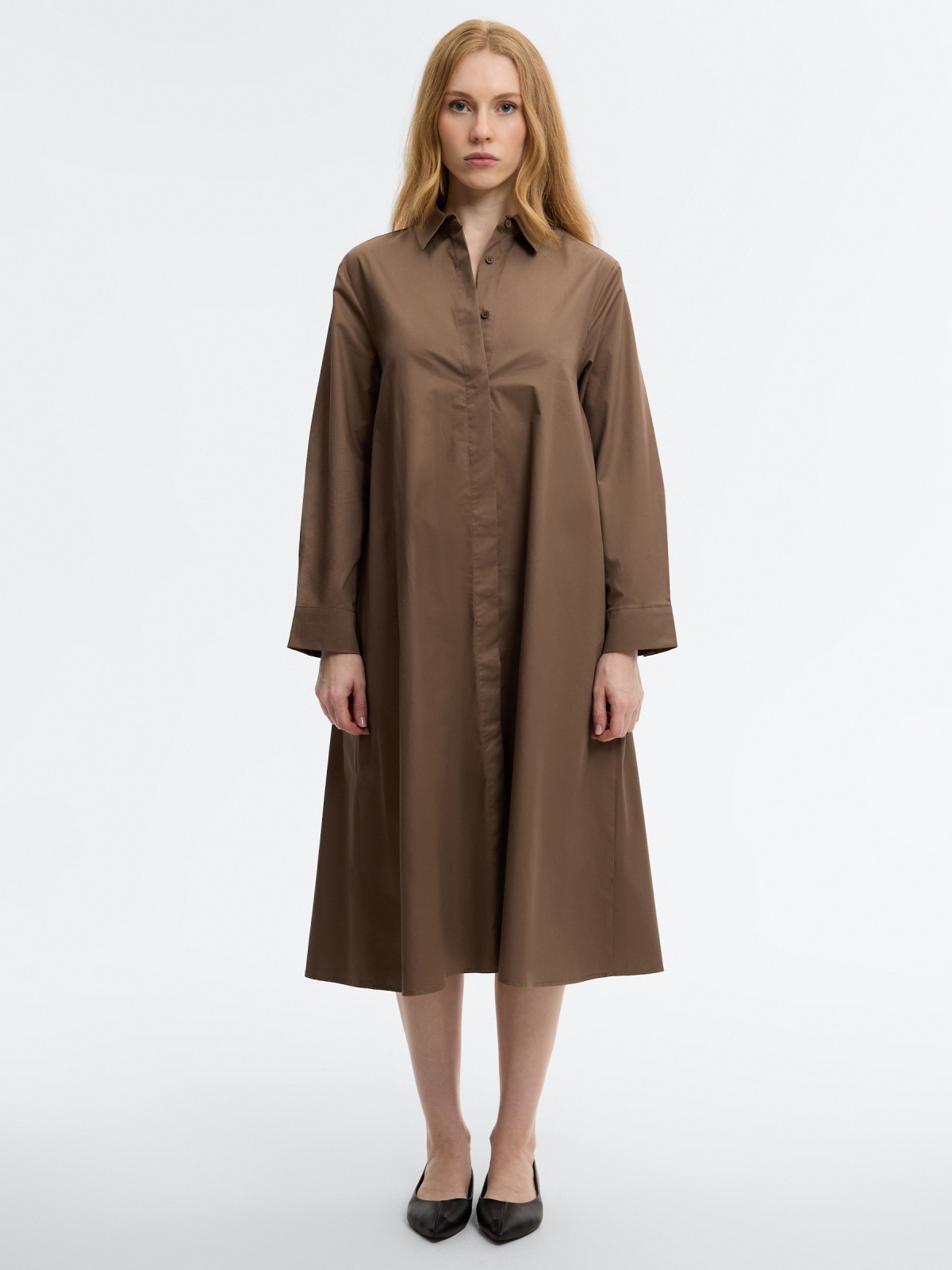 Plain fluid midi shirt dress taupe middle front view