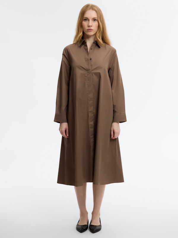 Plain fluid midi shirt dress taupe middle front view
