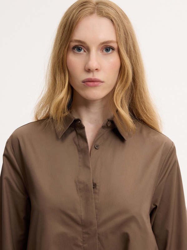 Plain fluid midi shirt dress taupe front view